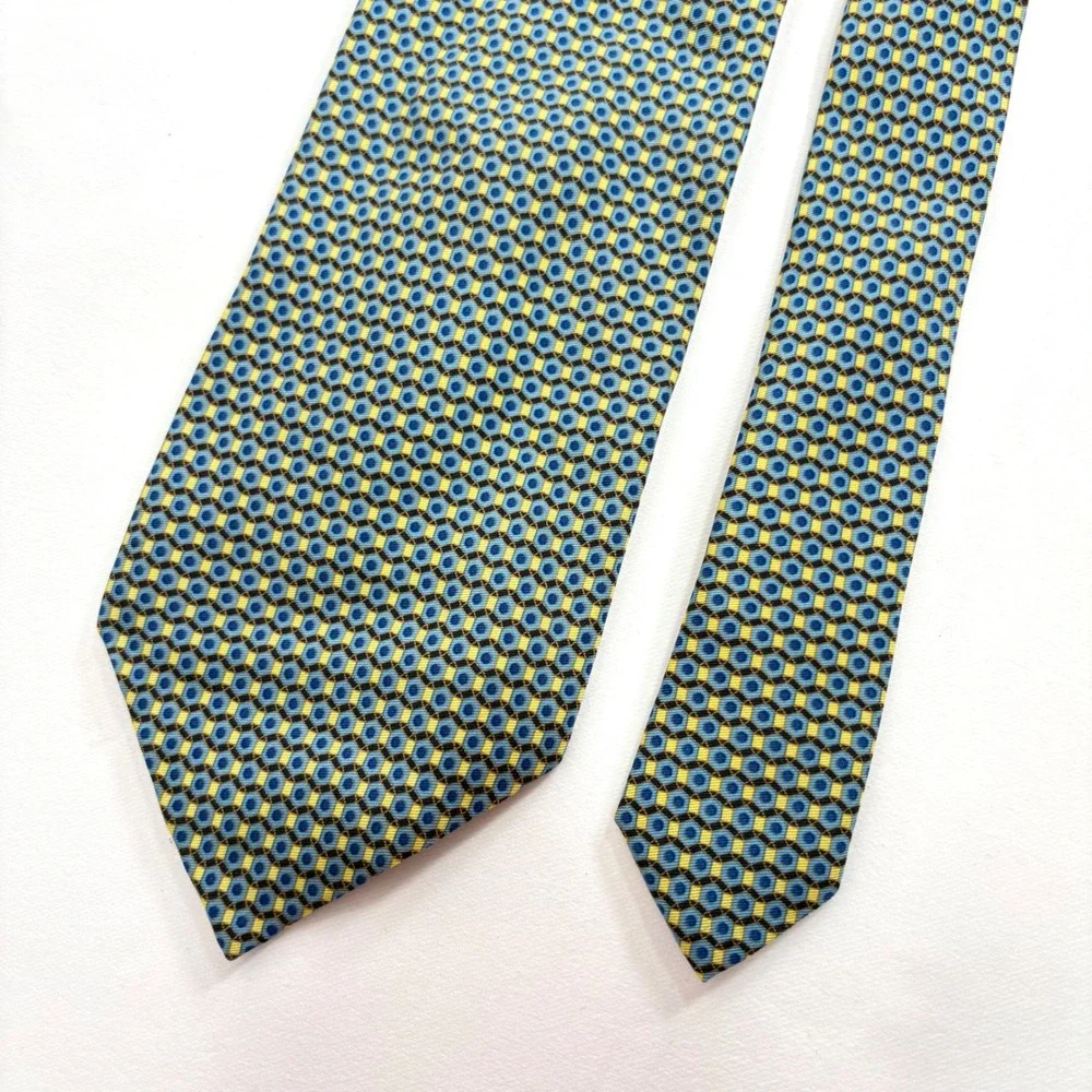 Richel Necktie Blue Yellow Geometric Honeycomb Silk Hand Made Spain